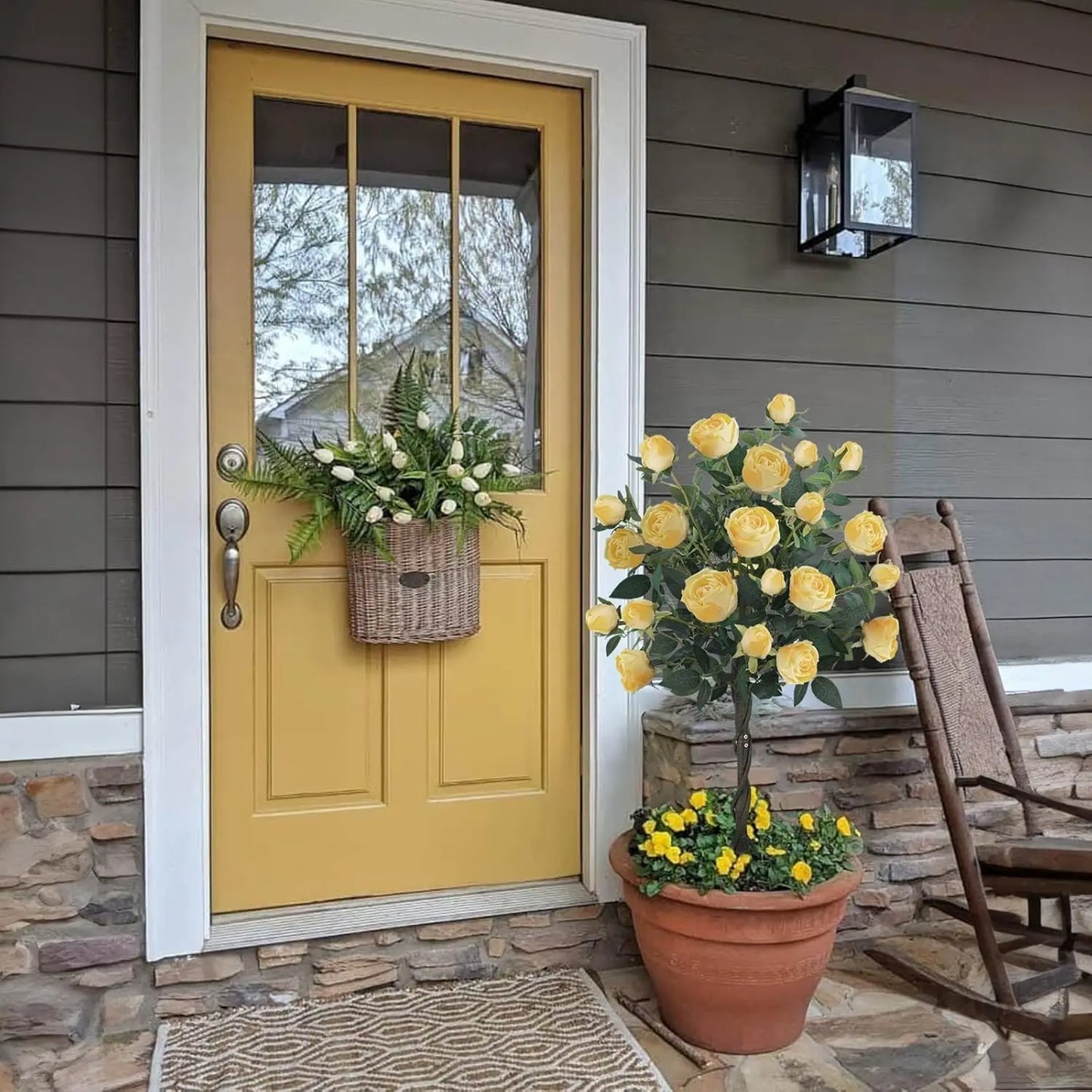 4FT Artificial Yellow Rose Tree – Set of 2 Faux Floral Trees with 52 Blooming Flowers for Home, Porch & Yard Décor