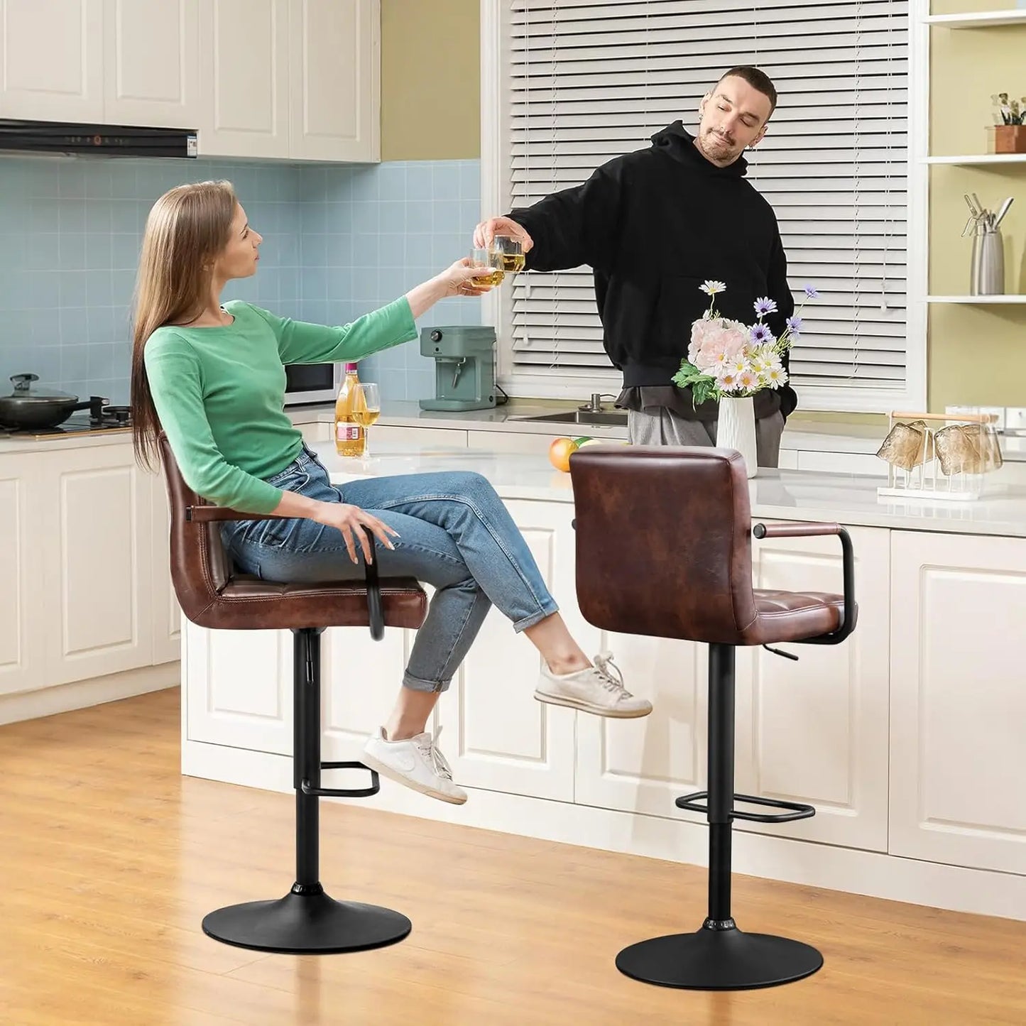 Swivel Bar Stools Set of 4, Adjustable Kitchen Counter Height with Arms, PU Leather Upholstered