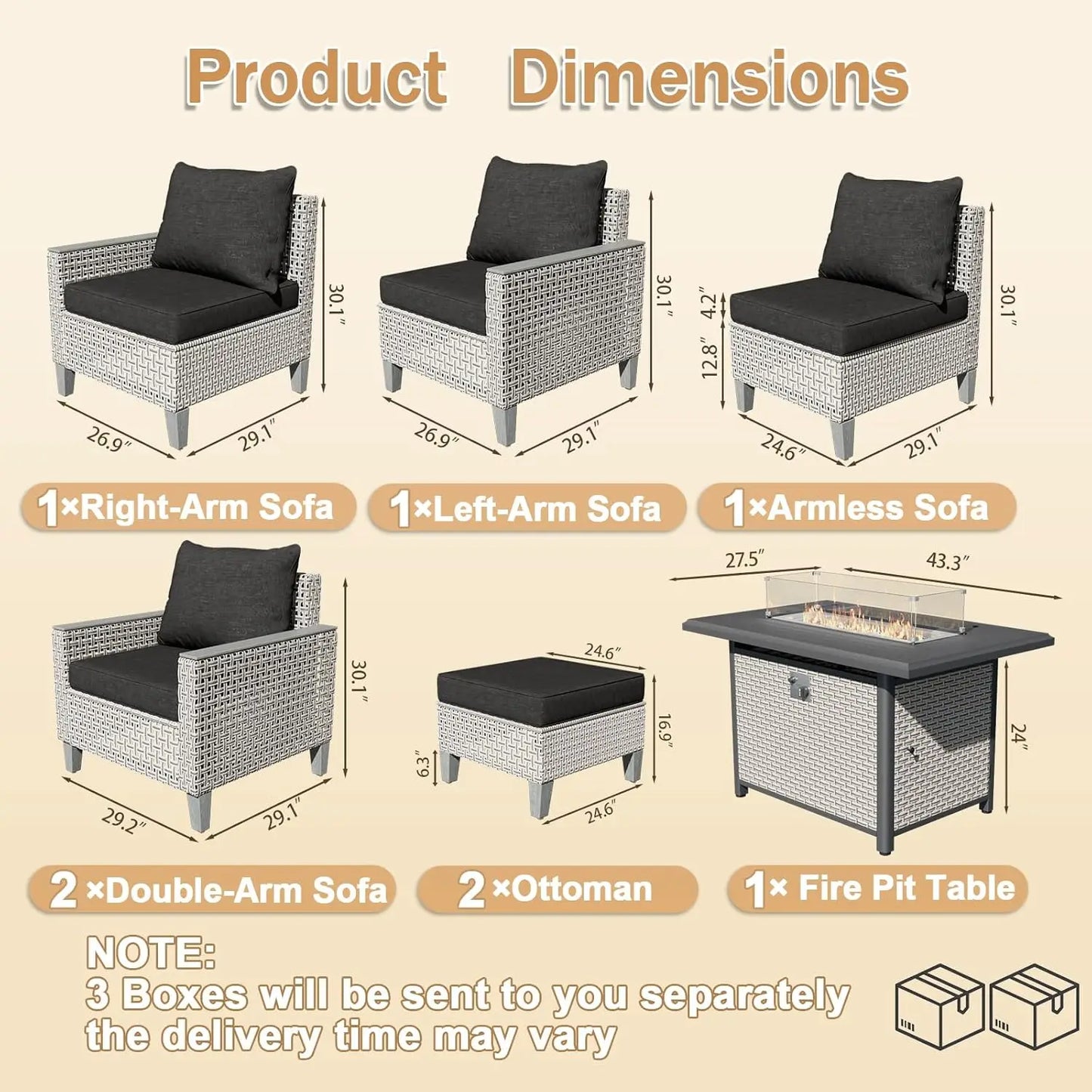 8‑Piece Outdoor Sectional Sofa Set – Fire Pit Table, Ottomans & Thick Cushions, Modern Rattan Design