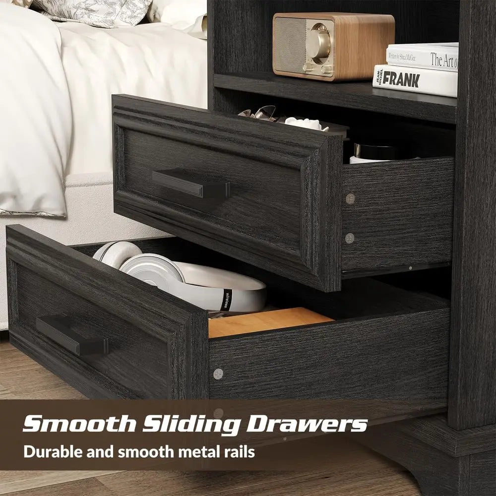 Gray Wood Nightstands (Set of 2) – Large‑Drawer Bedside Tables with Built‑In Charging Station