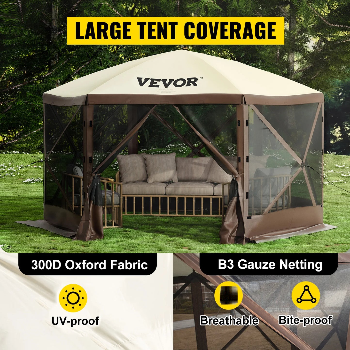 6‑Sided Pop‑Up Camping Gazebo – 12'×12' / 10'×10' Outdoor Canopy Shelter for Camping & Hiking