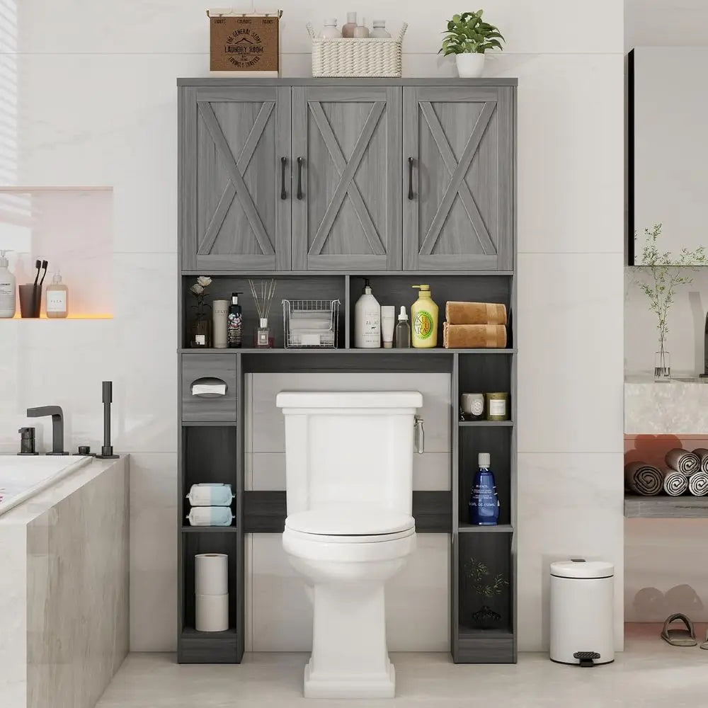 Space-Saving Over Toilet Storage Cabinet with 3 Shelves, Paper Holder & Towel Rack