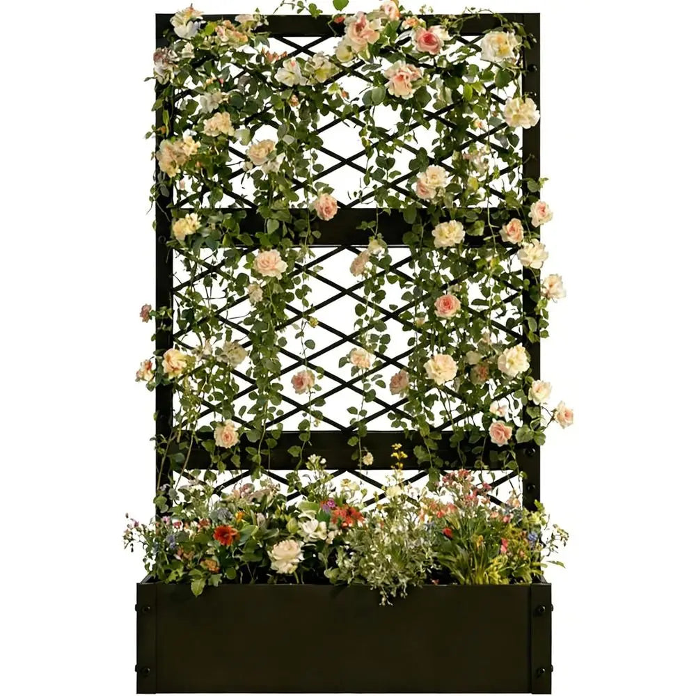 59 inch Metal Planter Planter Box with Privacy Trellis and Drainage Hole