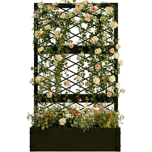 59 inch Metal Planter Planter Box with Privacy Trellis and Drainage Hole