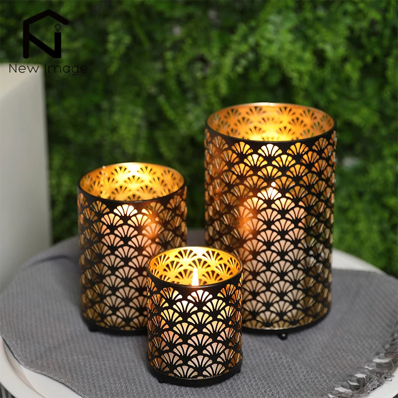 3‑Piece Fan‑Pattern Metal Candle Holder Set – Decorative Home Accent for Tabletop or Shelf