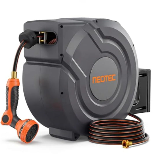 Heavy Duty Wall-Mounted Retractable Garden Hose Reel 90 Feet x 5/8 inch with 180 Swivel UV Resistant Automatic Slow Return