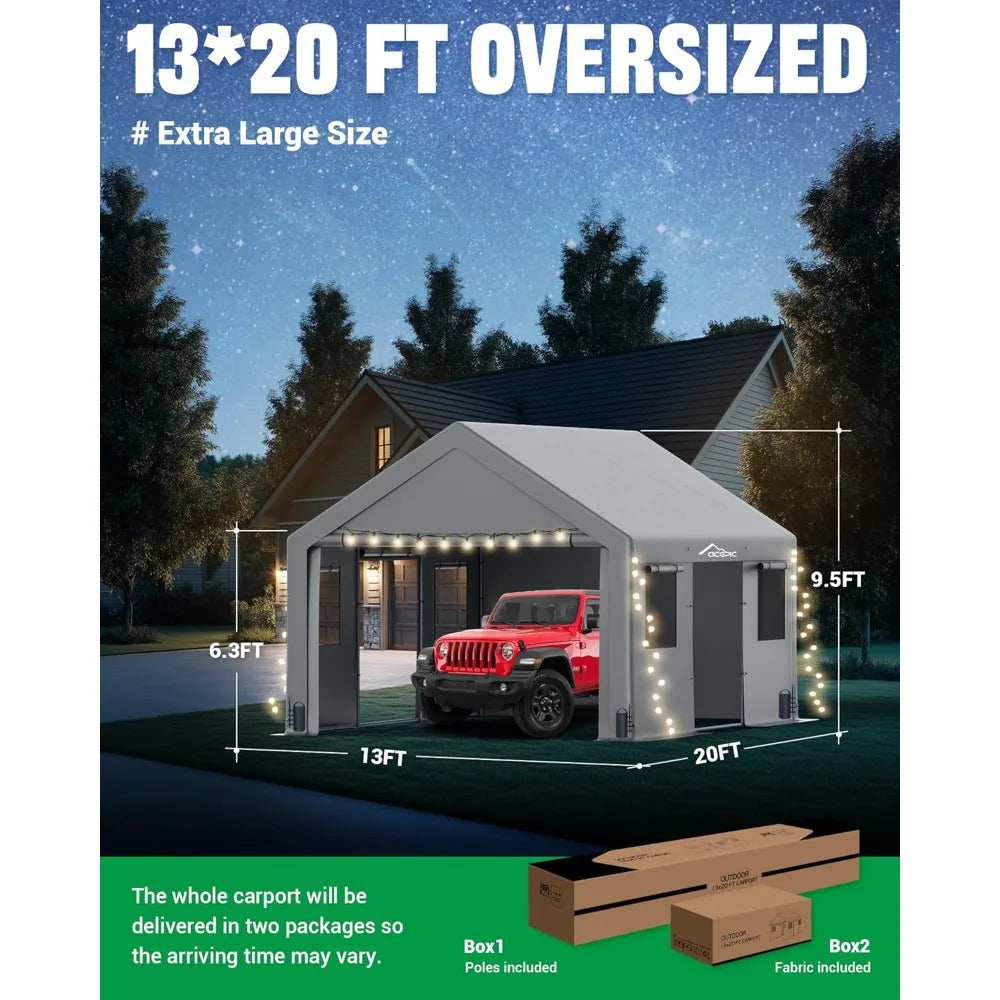 Heavy-Duty 13×20 Portable Carport – Waterproof, UV-Resistant Garage with Roll-Up Windows & Doors