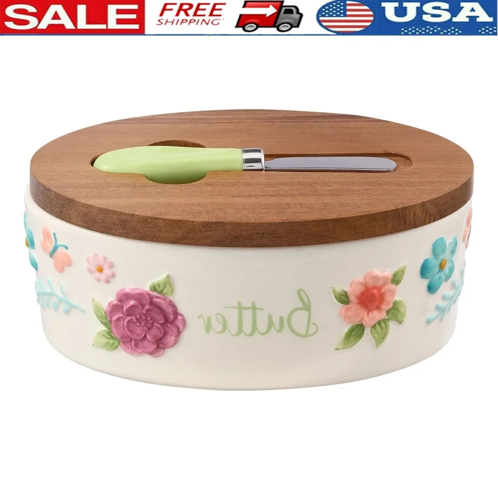 Painted Meadow Butter Dish Set – Floral Embossed Stoneware with Acacia Wood Lid & Metal Knife