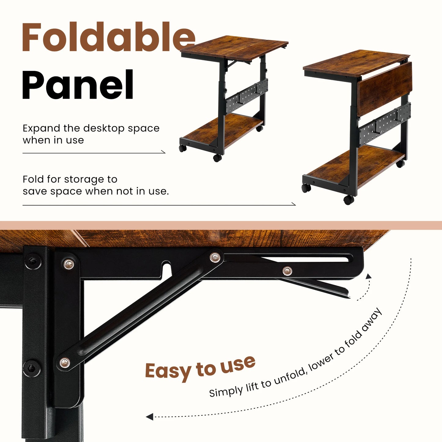 Mobile Sofa Side Desk – 25" Adjustable Rolling Computer Cart with 2 Tiers & Folding Panel