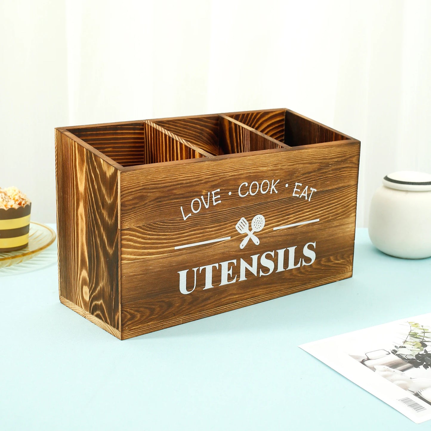 Wood Kitchen Utensil Holder – Large Spoon, Fork & Tableware Storage Caddy Organizer
