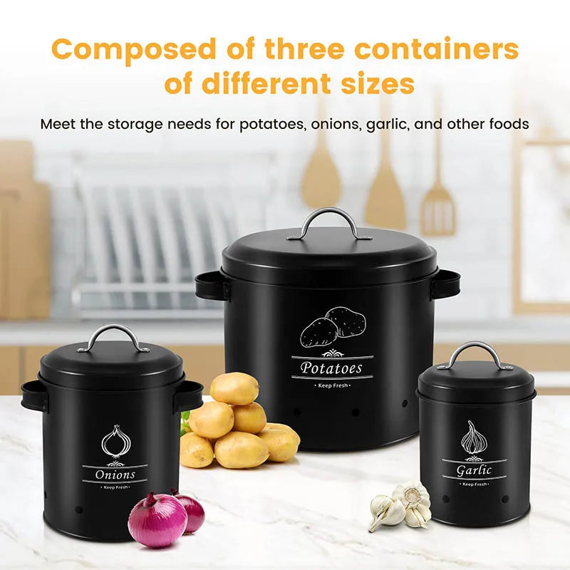 3‑Piece Garlic, Potato & Onion Storage Bin Set – Ventilated Metal Containers with Lids