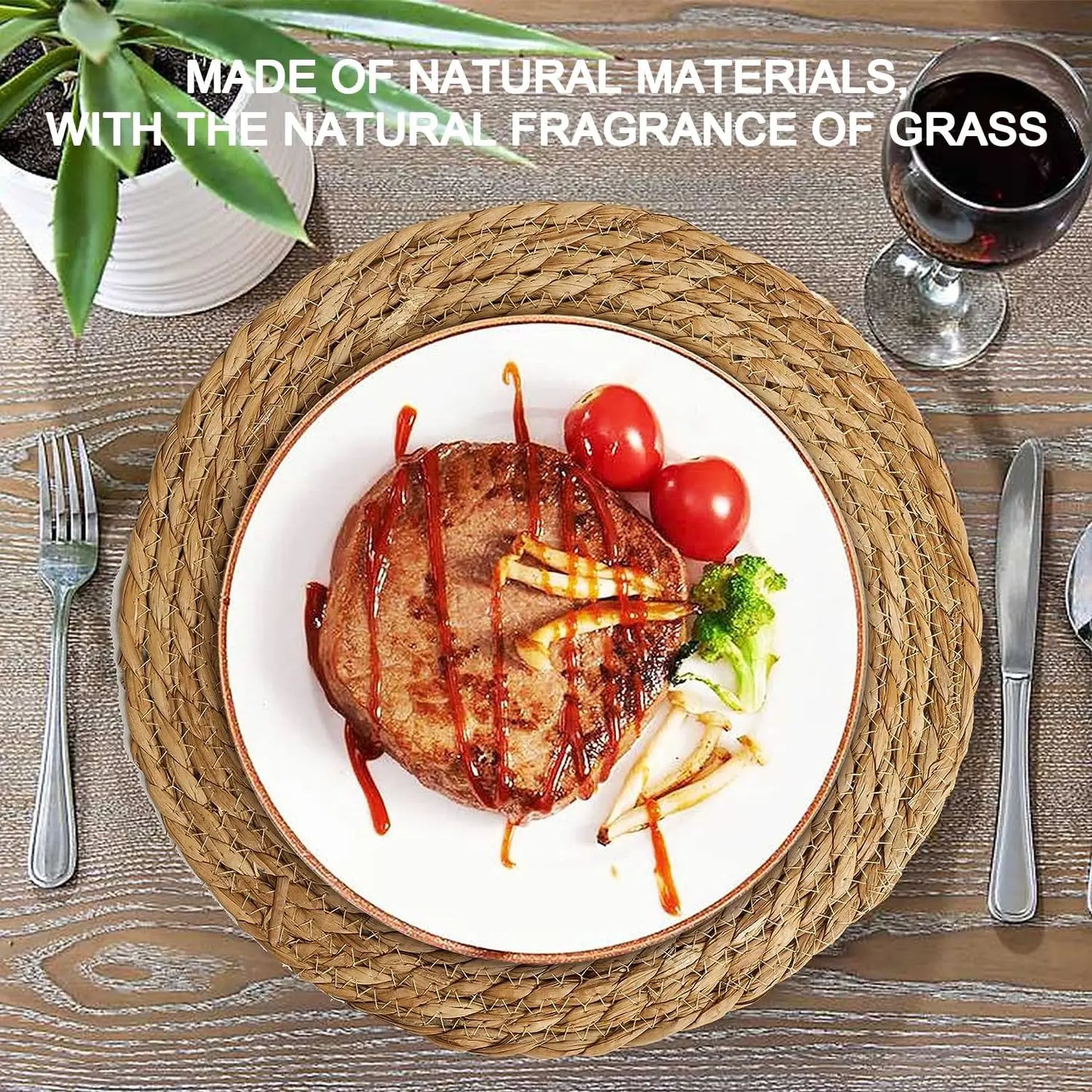 Defined Deco 10Pcs 12" Round Hand-Woven Water Hyacinth Rattan Placemats Farmhouse Weave Table Mats for Dining Kitchen Decor