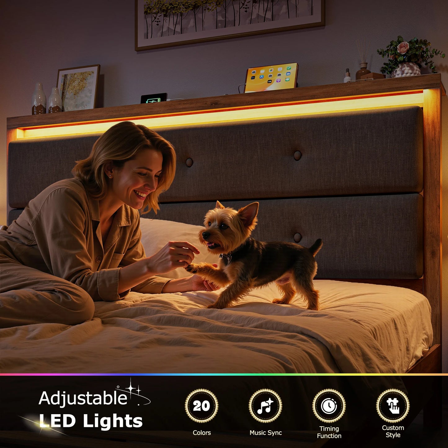 Platform LED Light Bed Frame with Upholstered Headboard with Charging Station, No Box Spring Required