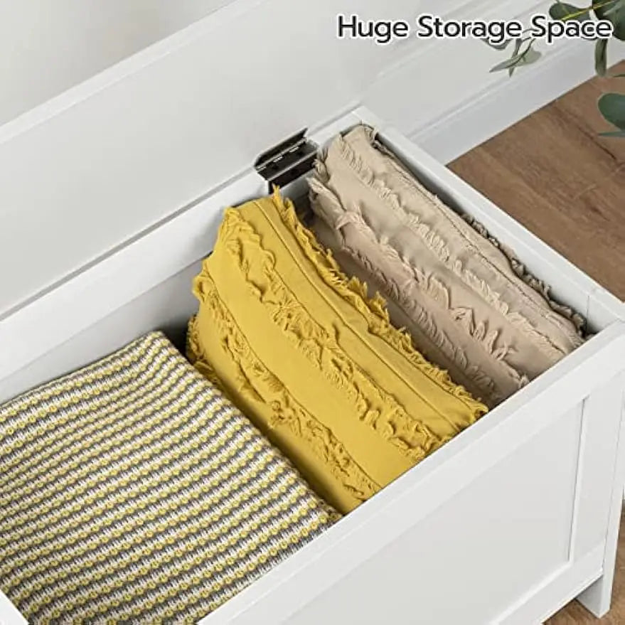Wooden Look Storage Bench, Toy Box with Safety Hinge for Entryway Shoe Bench Supports 220 lbs, Easy Assembly White