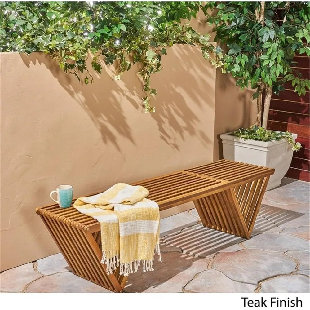 Outdoor Acacia Wood Bench, Teak Finish Brown, 17.75"D x 63"W x 16.5"H