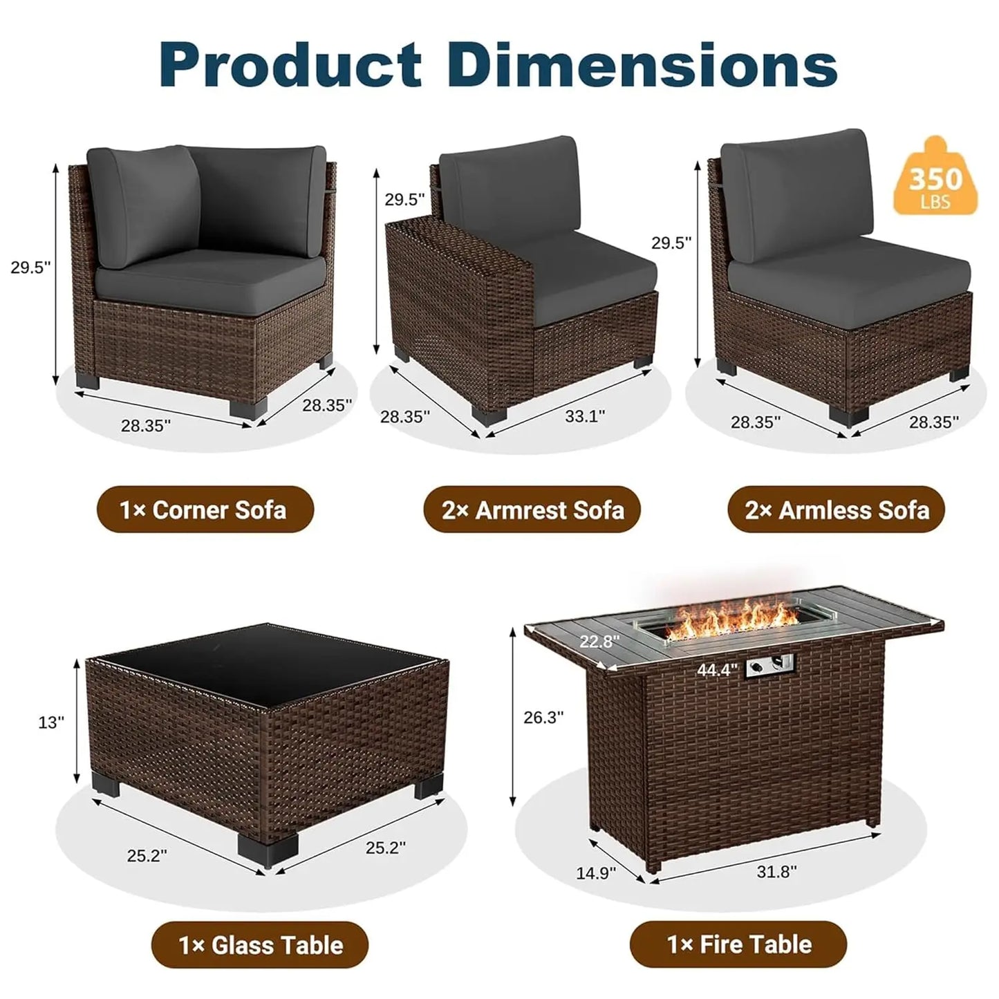 7‑Piece Patio Furniture Set with Fire Pit Table – Wicker Rattan Outdoor Sectional Conversation Set