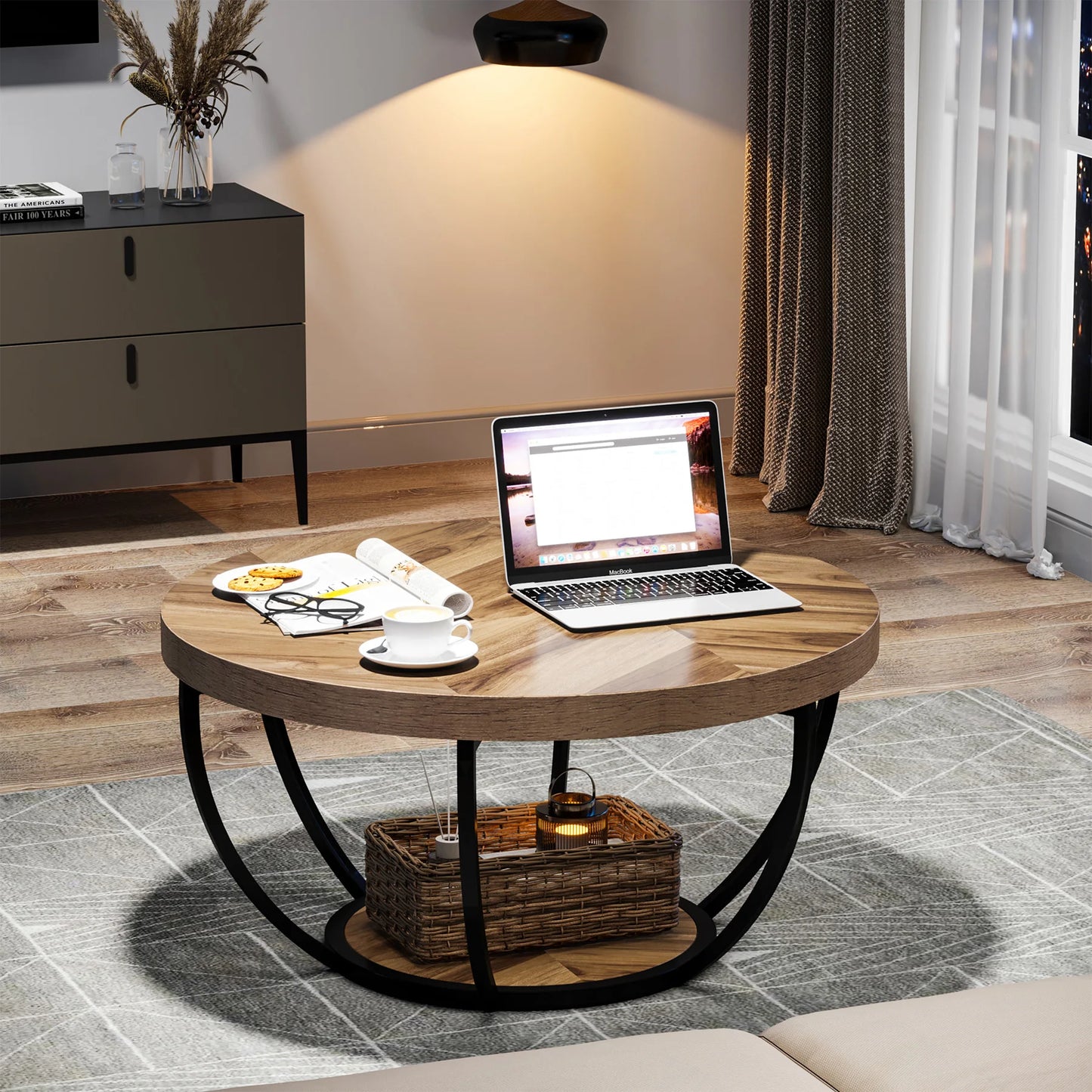 31" Round Coffee Table, Industrial 2-Tier Table with Storage Shelves