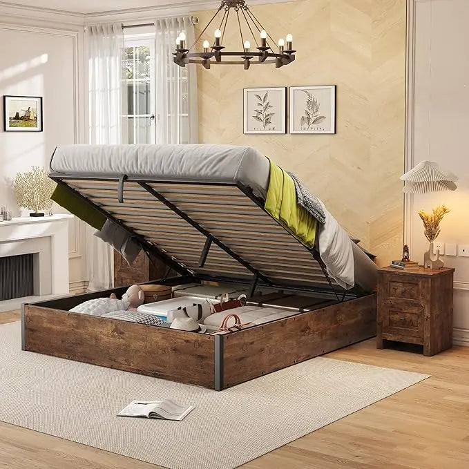 Queen Bed Frame with Lift up Storage, Wooden Platform