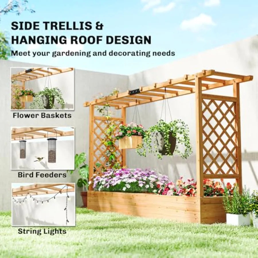 Raised Garden Bed with Trellis, Wooden Planter Box with Hanging Roof and Drainage Holes Outdoor Trellis Planter for Climbing Plants