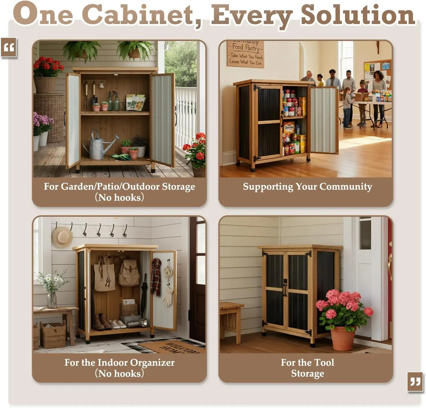 Weatherproof Outdoor Storage Cabinet with Lockable Doors, Wood & Metal