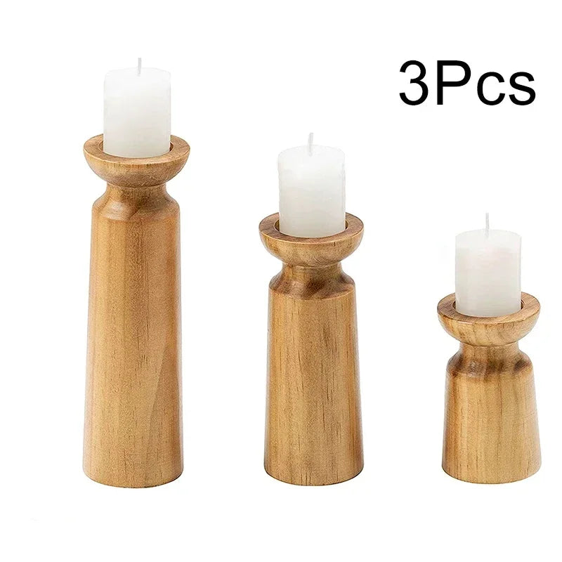 Hand‑Carved Wooden Pillar Holders – Artisanal Solid Wood Candle Stands (Set of 3)