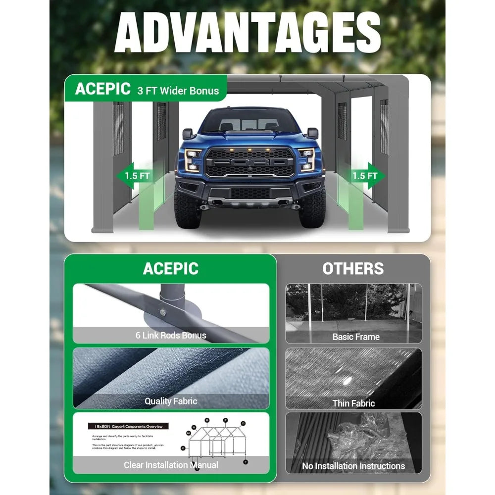 Heavy-Duty 13×20 Portable Carport – Waterproof, UV-Resistant Garage with Roll-Up Windows & Doors