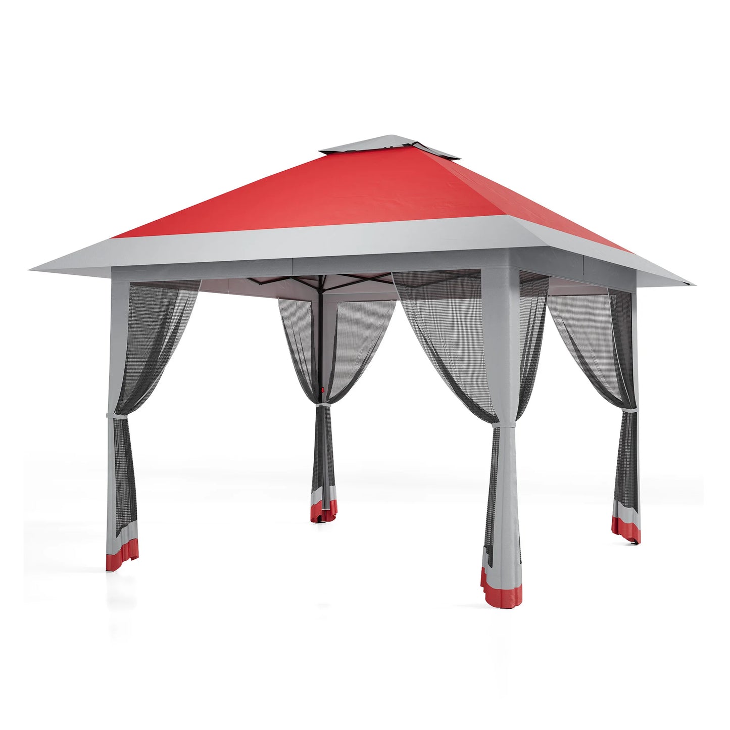 13×13 FT Outdoor Folding Gazebo – 4‑Sided Mosquito‑Net Shed with Cantilevered Eaves & Roll‑Up Canopy Awning