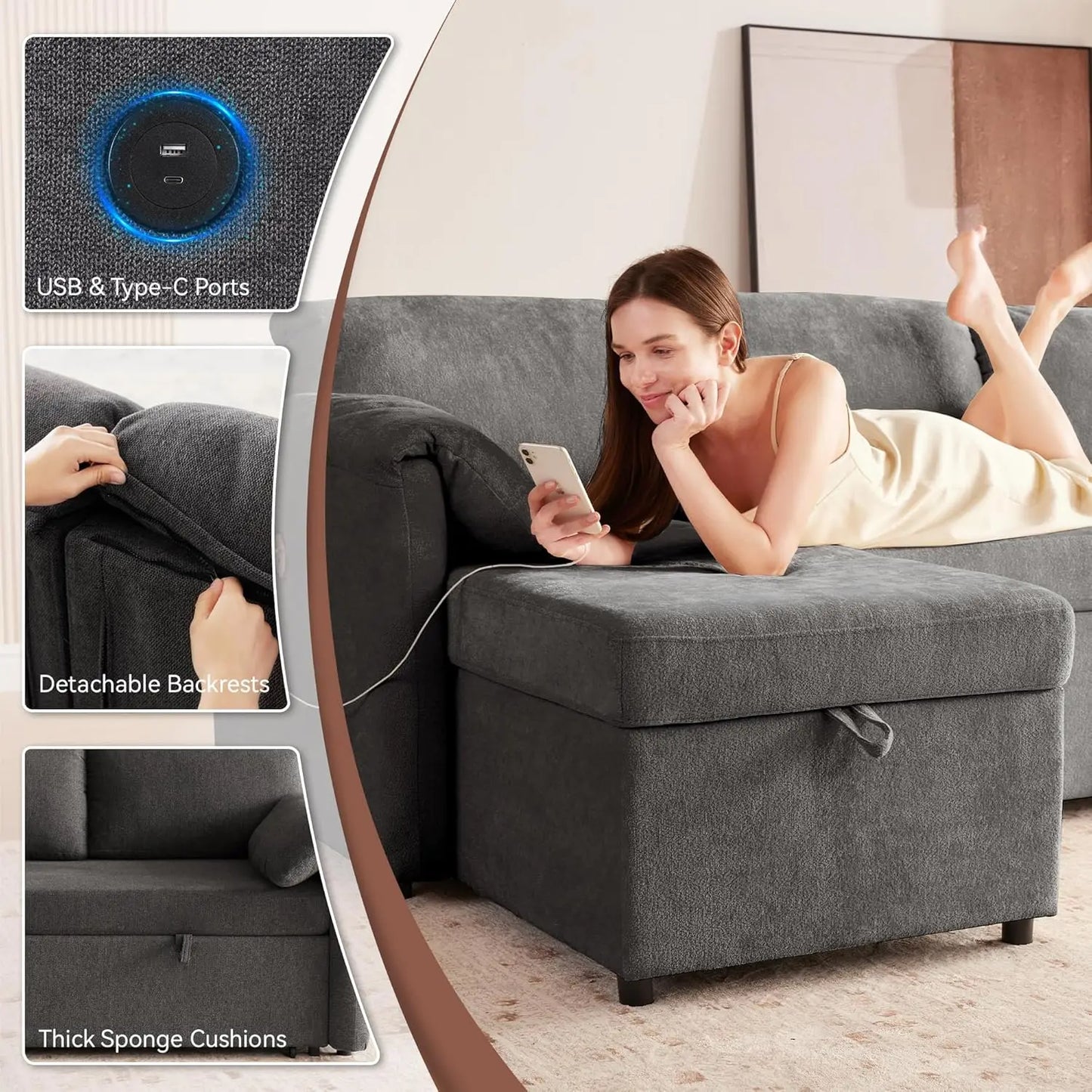 83'' Pull Out Sofa, 3 in 1 Sleeper with USB & Storage Chaise