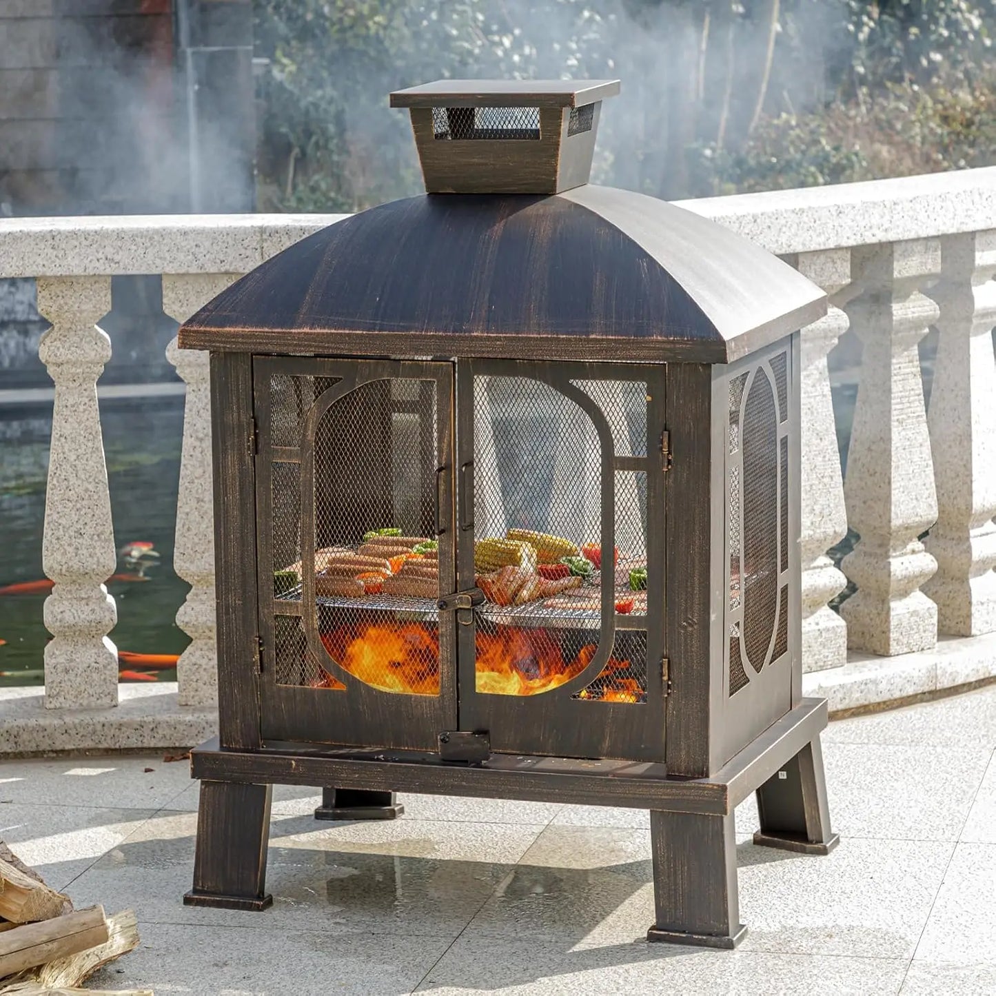45"H×31''W Metal Square Chiminea Fire Pit with Grill, Wood Burning Fire Pits for Outside