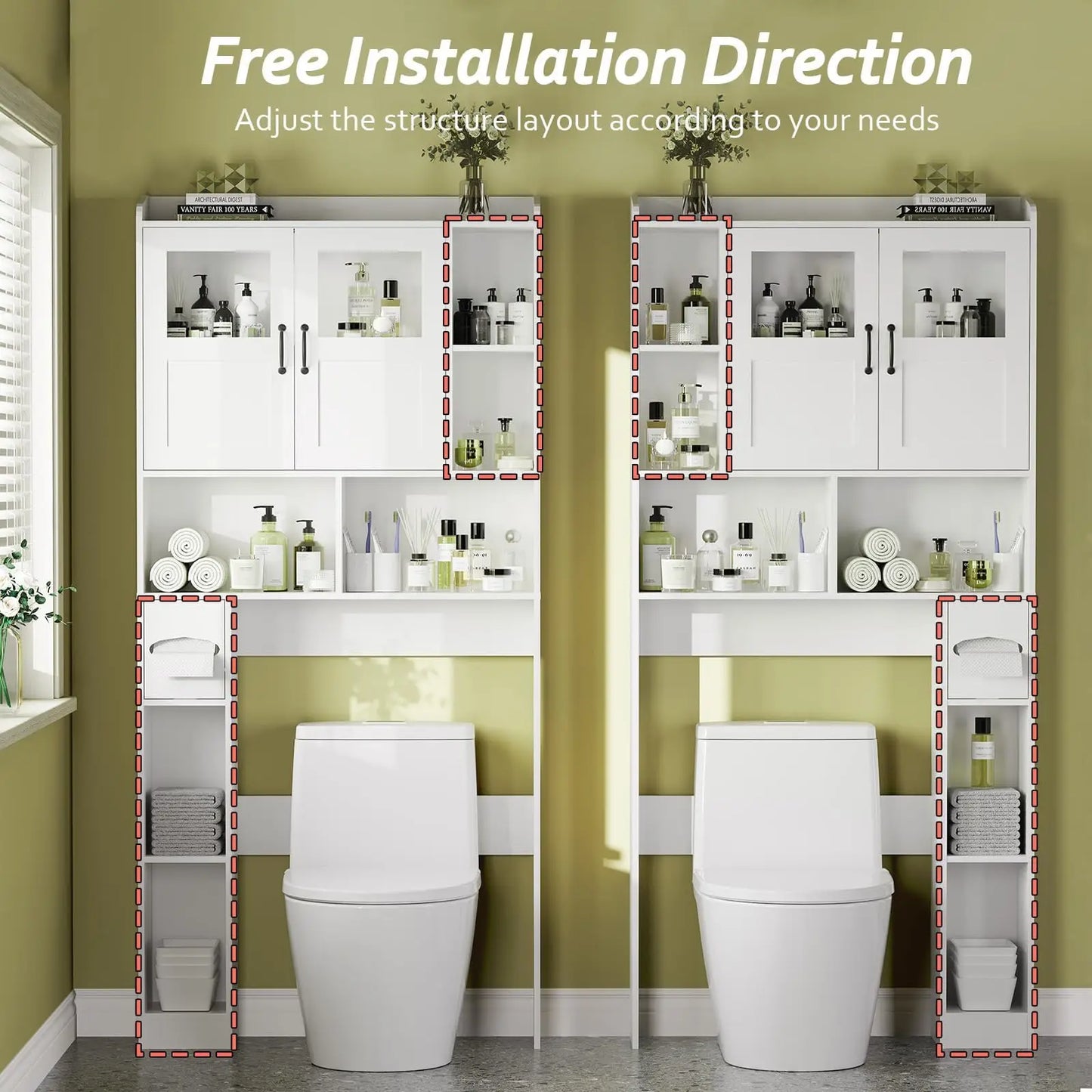 67.4" Over Toilet Storage Cabinet With Glass Door