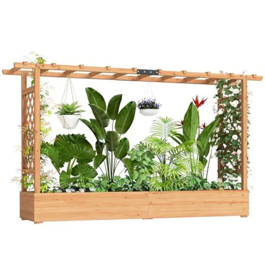 Raised Garden Bed with Trellis, Wooden Planter Box with Hanging Roof and Drainage Holes Outdoor Trellis Planter for Climbing Plants