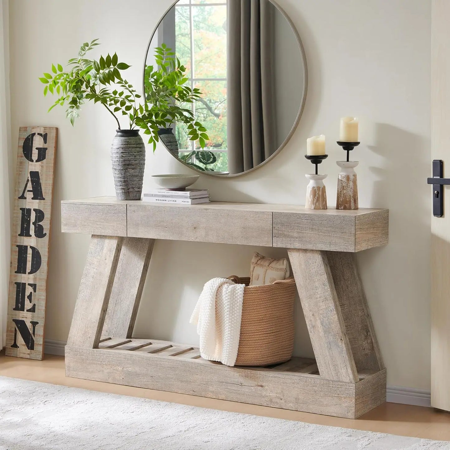 60" Farmhouse Entryway Table with Drawer, Console Table Behind Sofa
