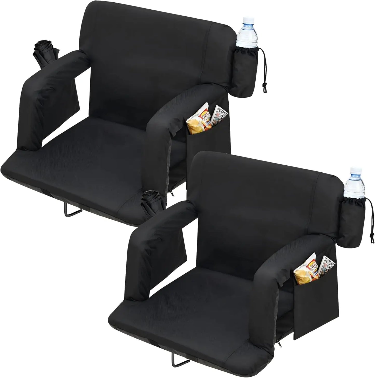 2 Pcs Portable Reclining Stadium Seat Chair with Padded Backrest & Adjustable Armrests