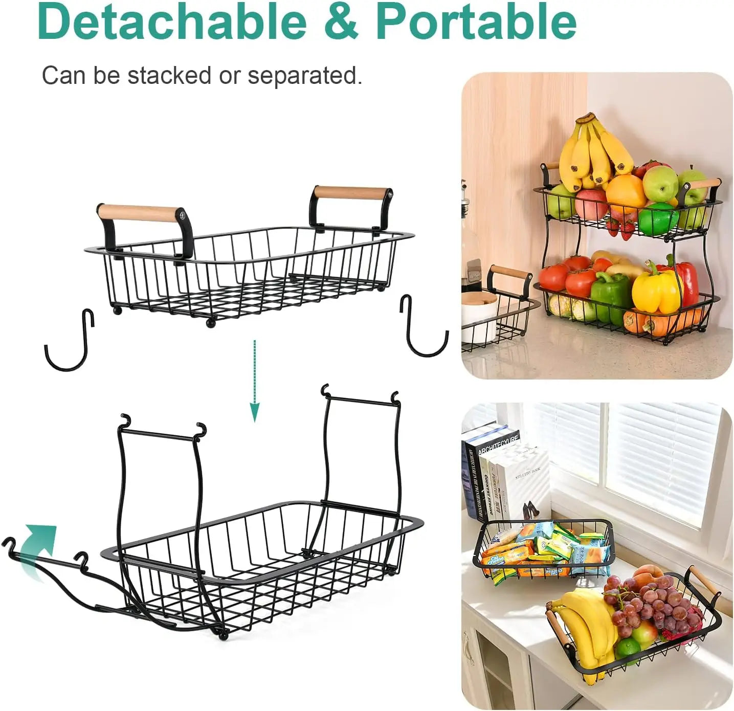 2‑Tier Metal Wire Fruit Basket with Banana Hanger – Kitchen Countertop Organizer