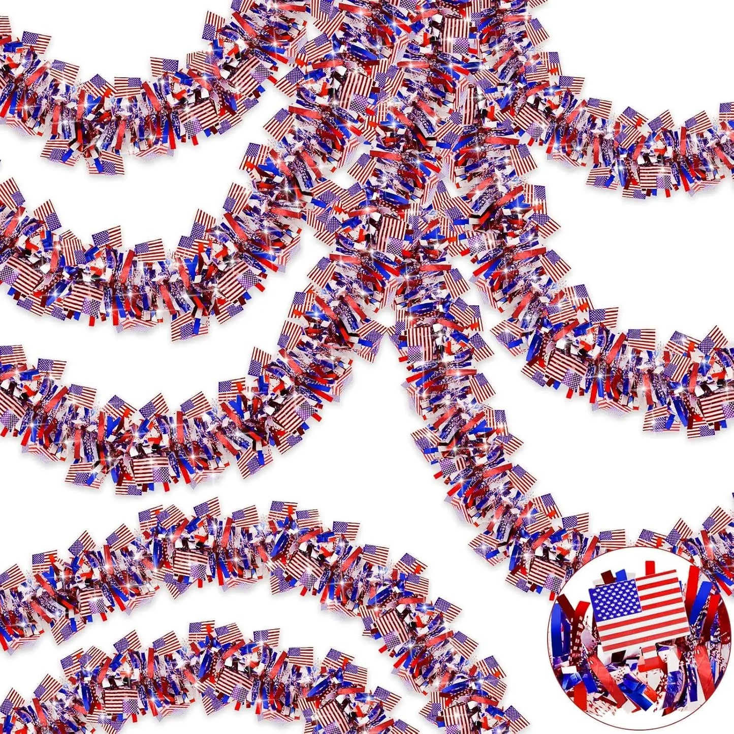 50FT Patriotic Tinsel Garland – Red, White & Blue 4th of July Decoration for Indoor & Outdoor Use