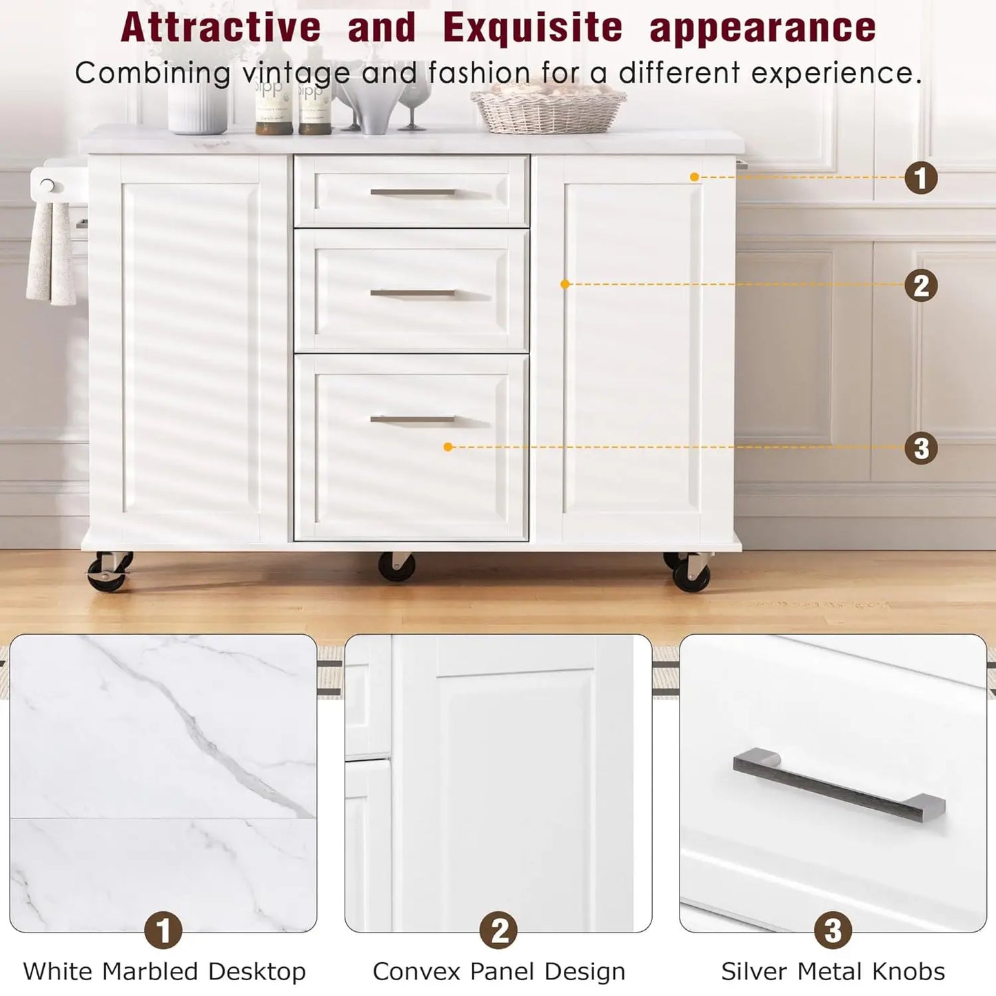 50.7" Rolling Kitchen Island Cart with Faux Marble Top Drop Leaf with Trash Can Storage Cabinet