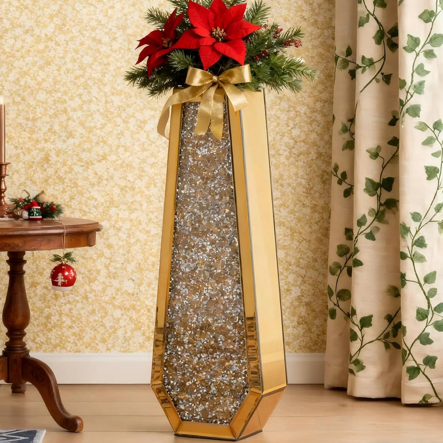 24" Gold Crushed Diamond Floor Vase – Tall Mirrored Crystal Decorative Vase for Pampas Grass & Home Décor