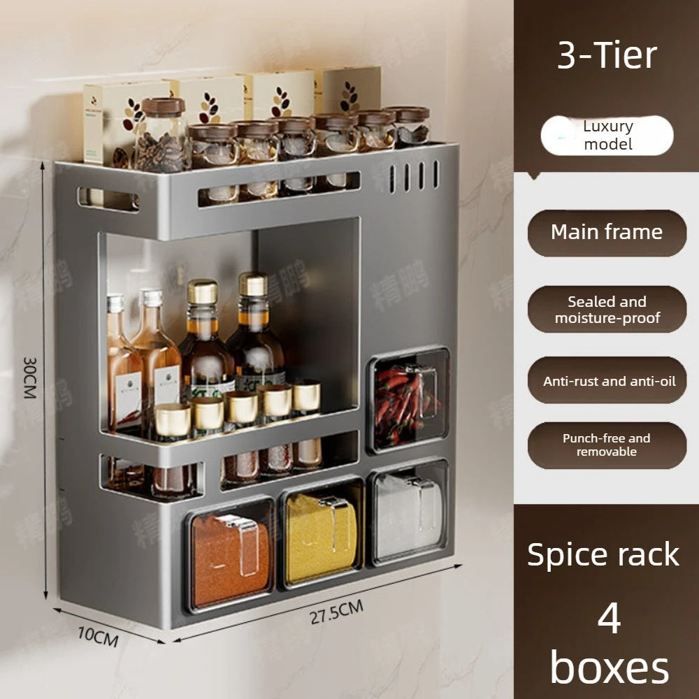 No‑Drill Wall‑Mounted Spice Rack – Carbon Steel Pull‑Out Seasoning Organizer for Kitchen