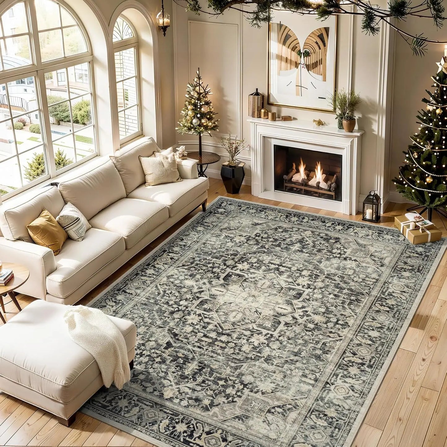 Soft Vintage Washable Area Rug 9x12 with Anti-Skid Backing, Stain Resistant