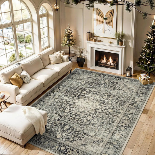 Soft Vintage Washable Area Rug 9x12 with Anti-Skid Backing, Stain Resistant