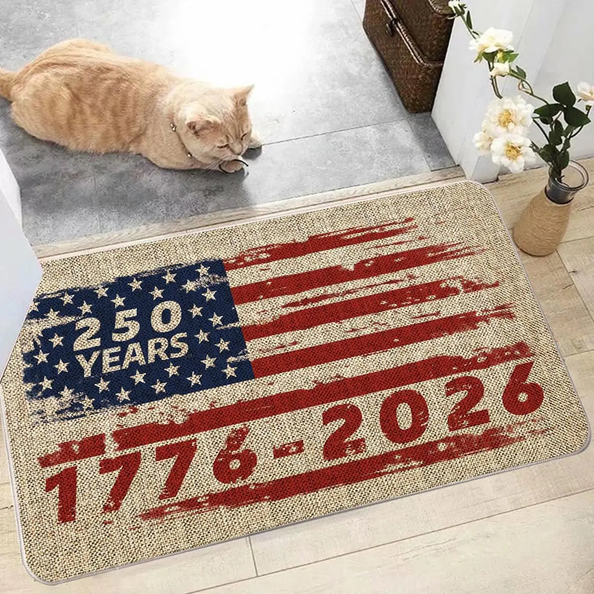 4th of July Patriotic Door Mat – USA 250th Red White Blue Indoor/Outdoor Floor Mat (Multiple Sizes)