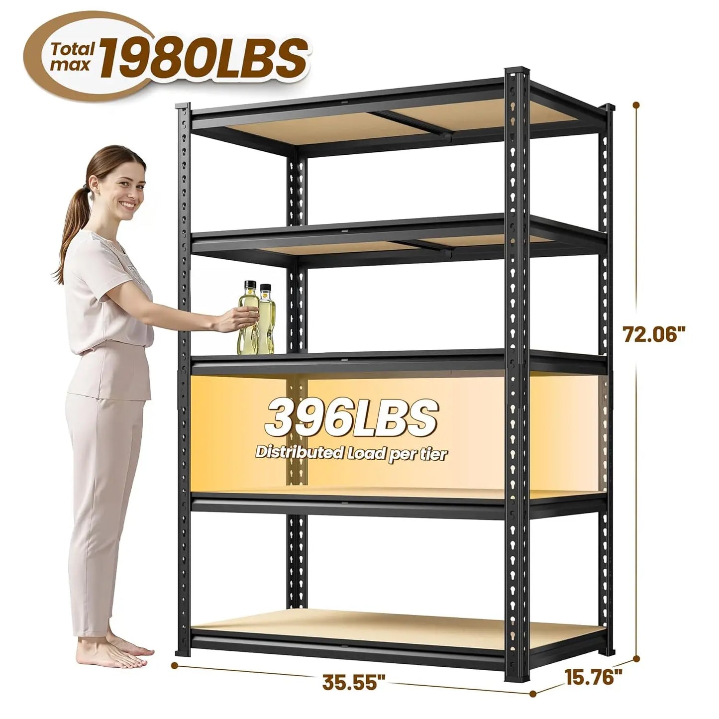 5-Tier Metal Storage Shelves, Adjustable, Capacity for Kitchen And Pantry Organization