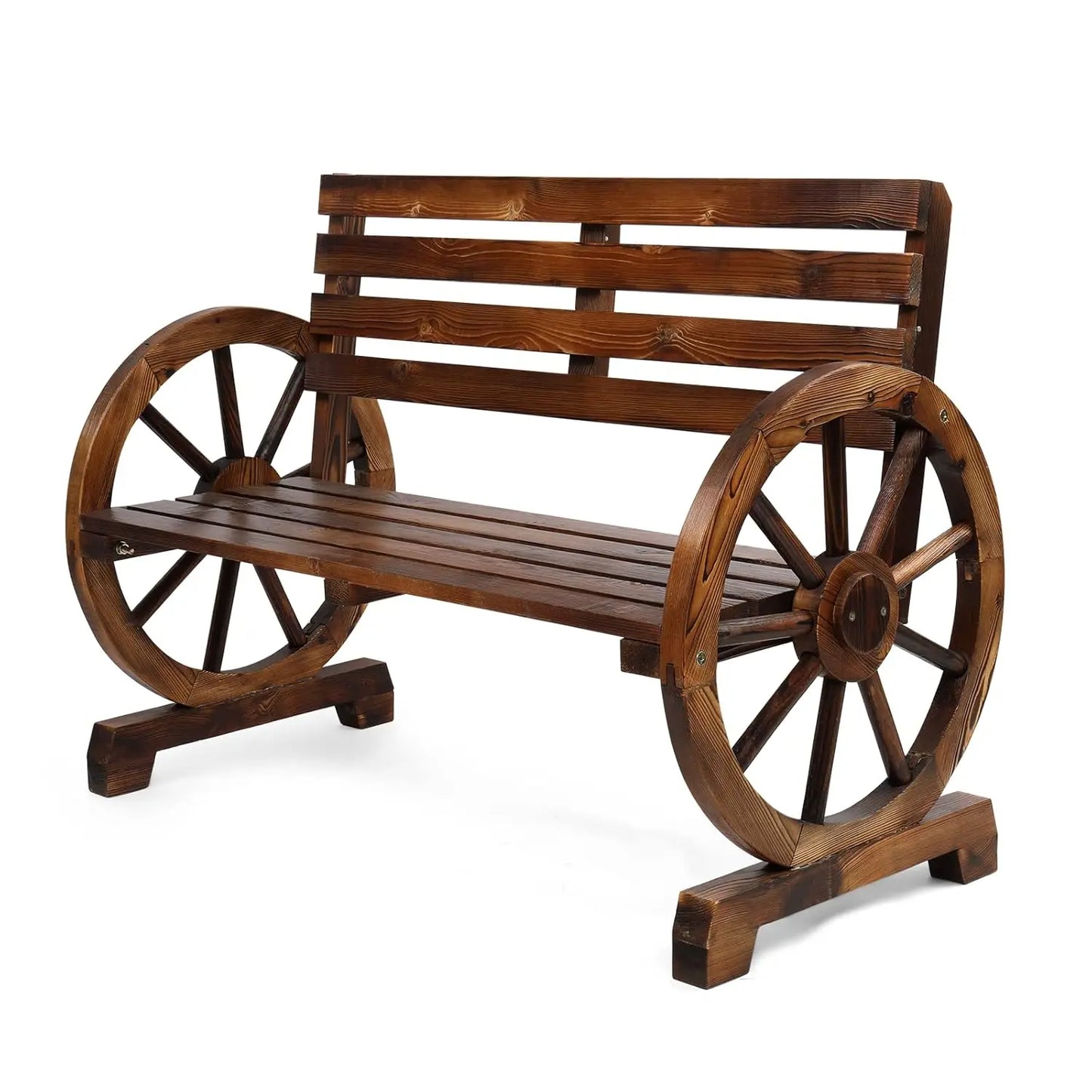 41" Rustic Wooden Outdoor Bench, 2-Person Wagon Wheel Slatted Seat Weather Resistant