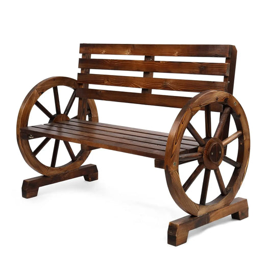 41" Rustic Wooden Outdoor Bench, 2-Person Wagon Wheel Slatted Seat Weather Resistant