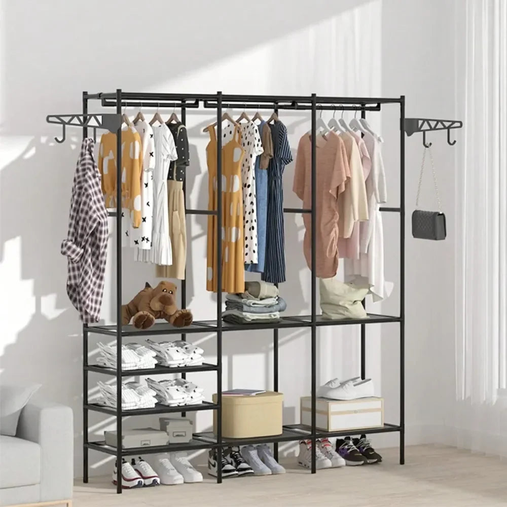 Clothes Rack With 3 Hanging Rods, 63 Inch Extra Large Capacity Wardrobe Closet, MultiLayer Shelves