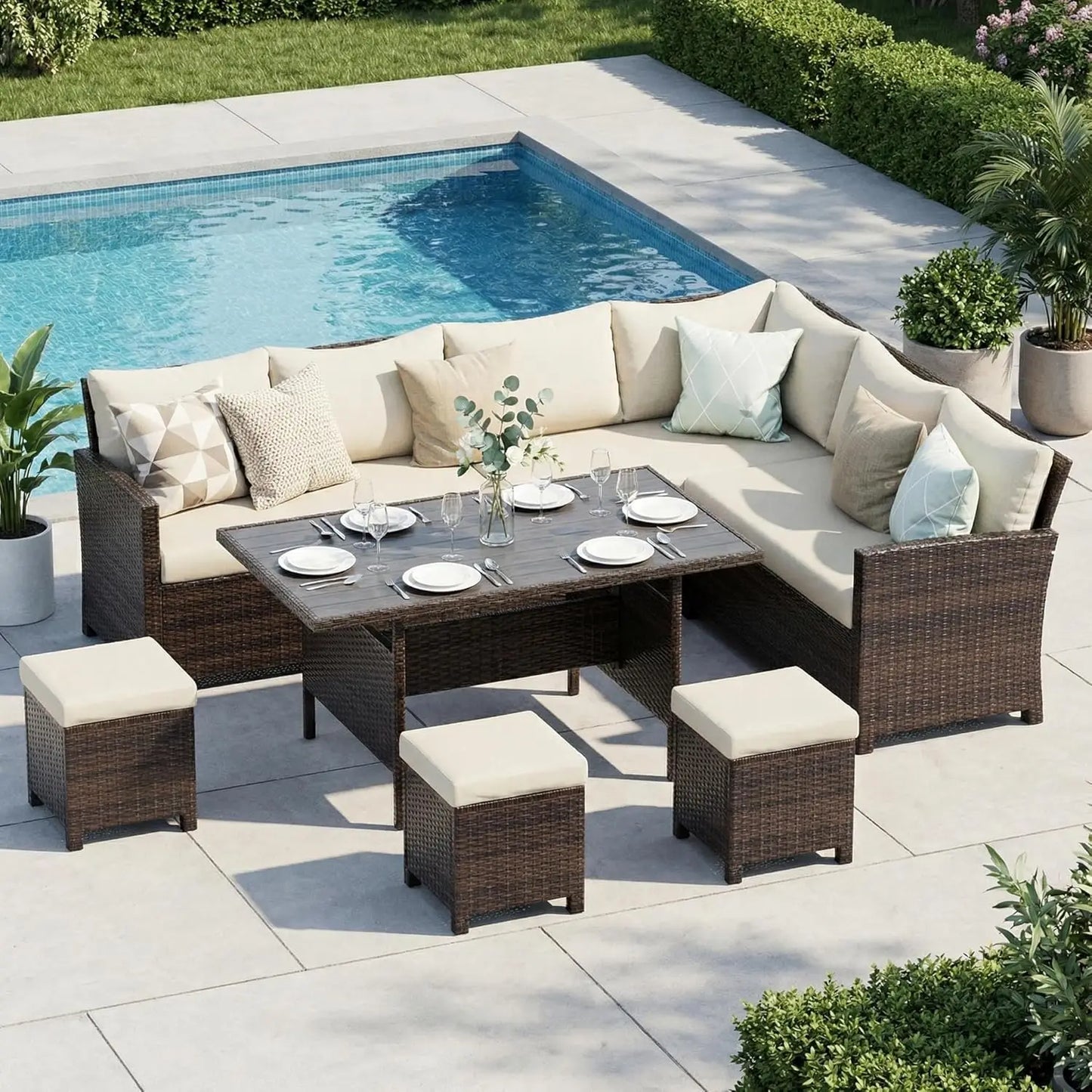7 Piece Patio Furniture Set, High Curved Back, Wicker, All Weather Outdoor