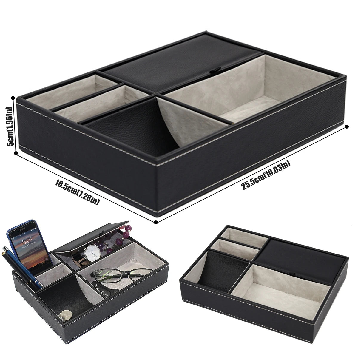Faux Leather Men’s Valet Tray – 5‑Compartment Desktop Organizer for Office or Bedside