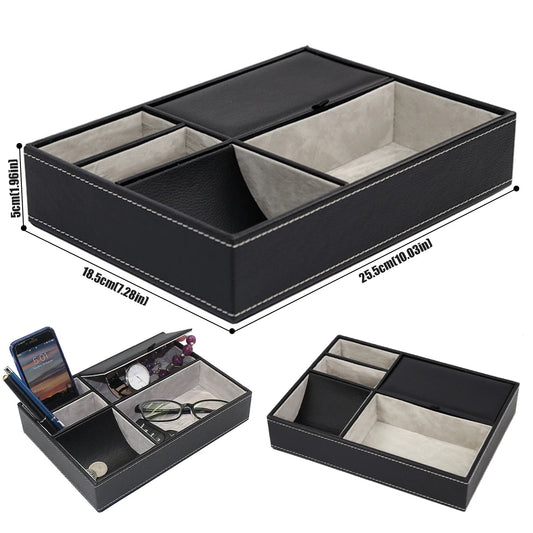 Faux Leather Men’s Valet Tray – 5‑Compartment Desktop Organizer for Office or Bedside