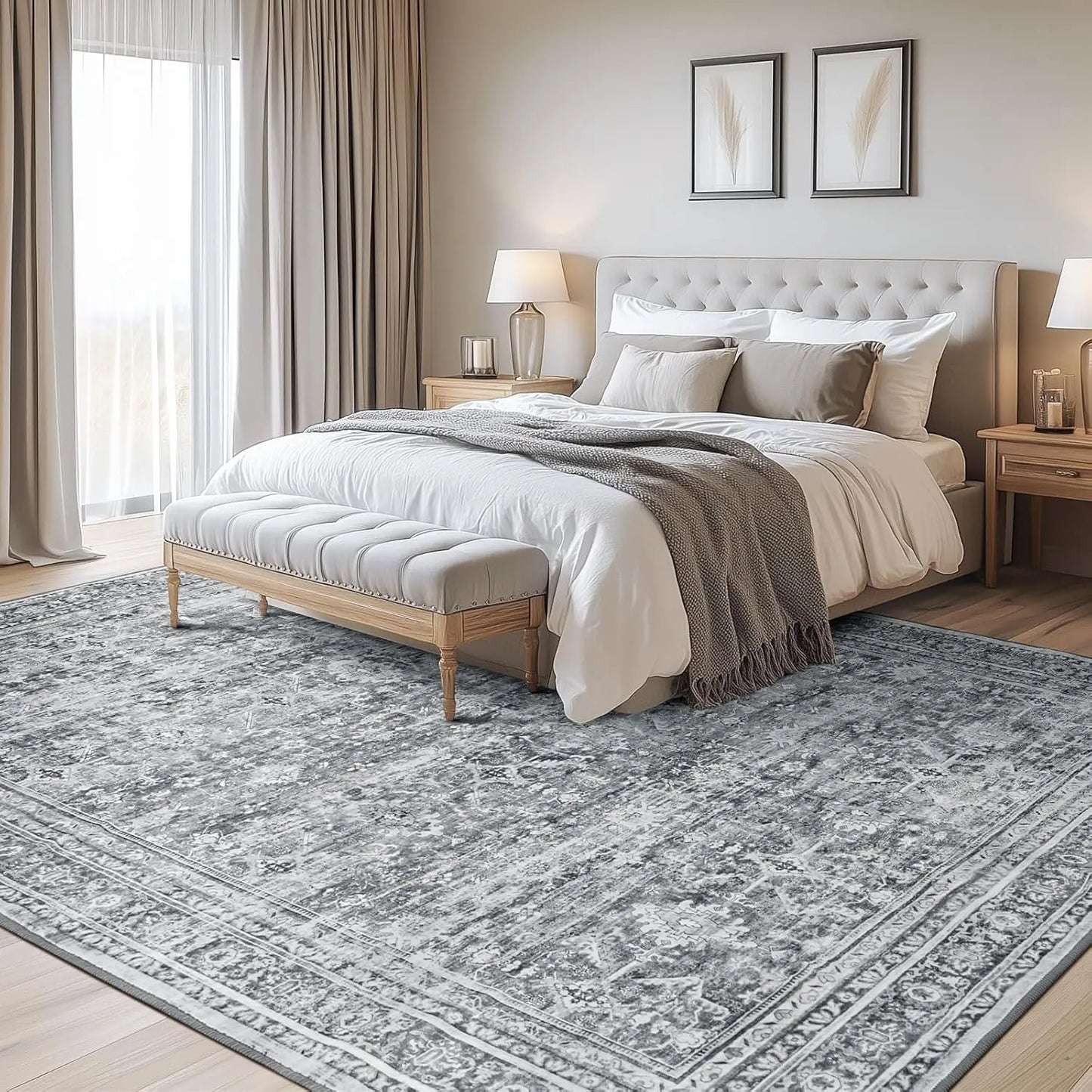 8x10 Washable Area Rug – Soft Grey Floral Design with Non‑Slip Backing