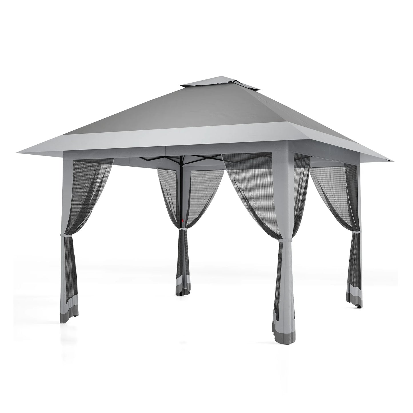 13×13 FT Outdoor Folding Gazebo – 4‑Sided Mosquito‑Net Shed with Cantilevered Eaves & Roll‑Up Canopy Awning
